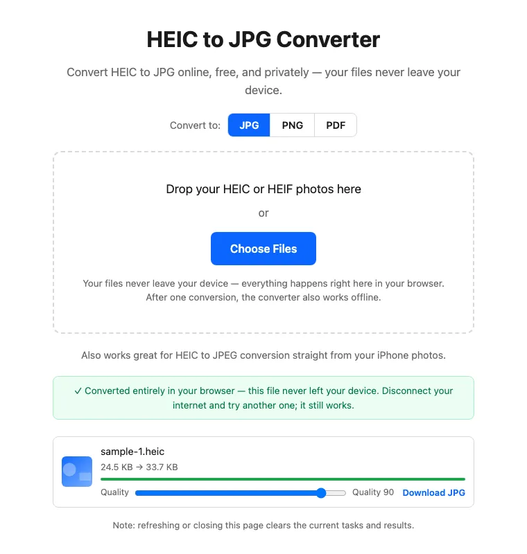 One converted photo in heicly with its file size, a quality slider set to 90, and a Download JPG link